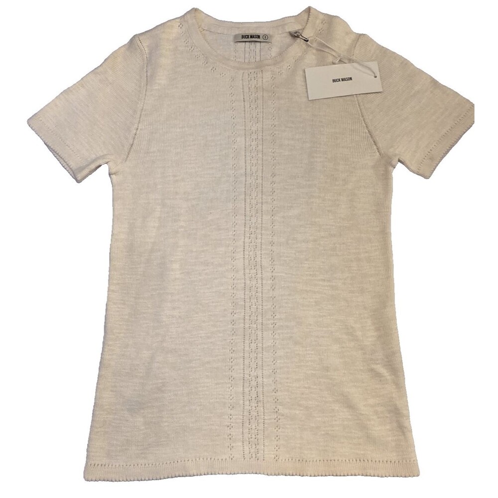 NWT Buck Mason Coastal Linen Pointelle Slim Crew Sweater Top S Soft White FLAW